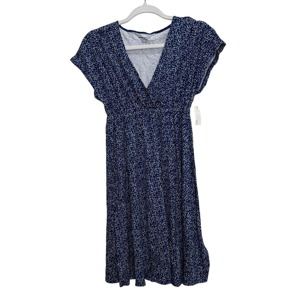 NWT Women's V-Neck Empire Waist Flowy Retro Boho Dress Short Sleeve Blue XS